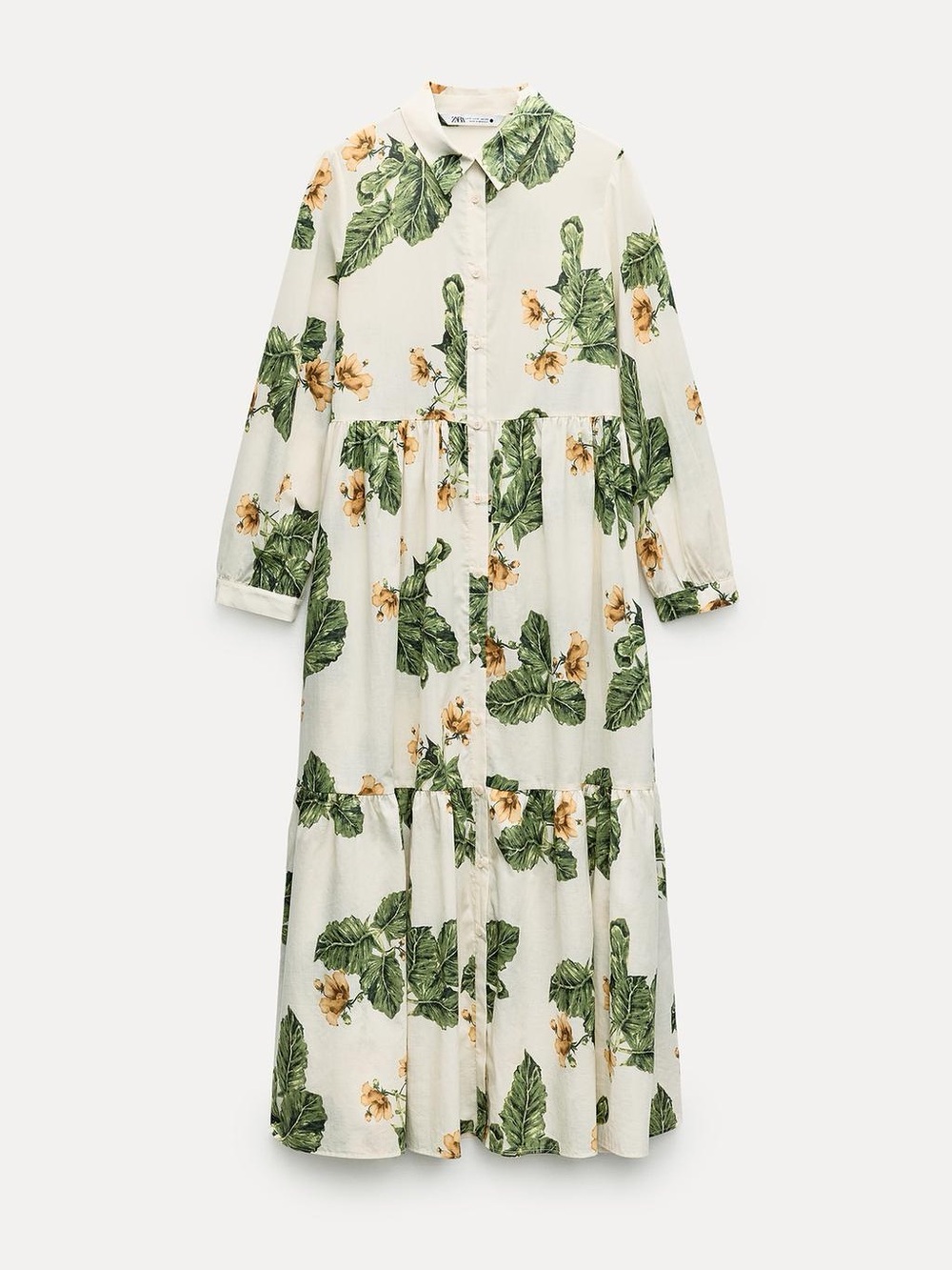 Zara ZW Collection Cotton Floral Midi Dress Green White Button Down Tiered M